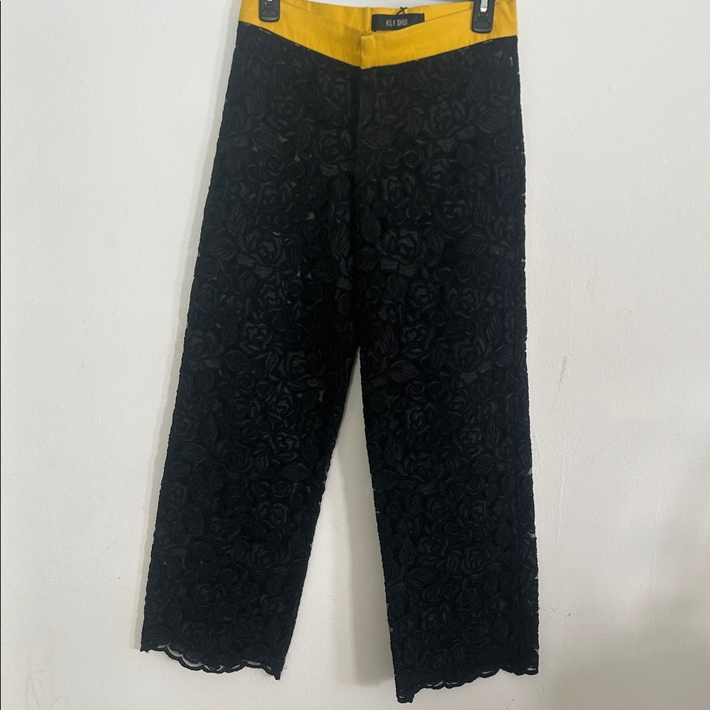 Kim Shui Black Floral Appliqué Wide Leg Pants with Yellow Waistband